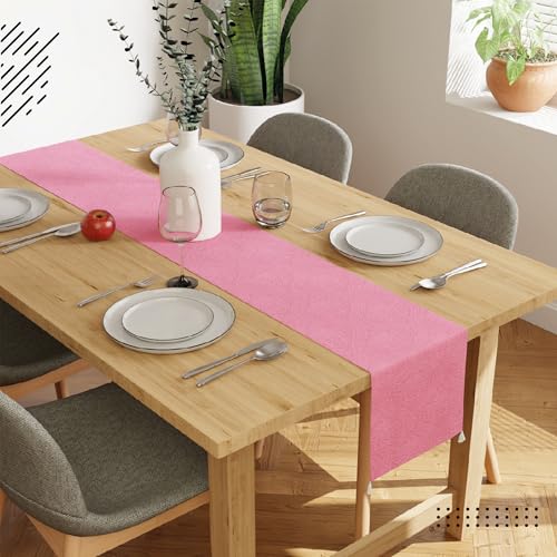 Image of Encasa XO 4 Seater Dining Embossed Velvet Table Runner | Size 32x150 cm | Pink Color with Premium Polyester - Machine Washable