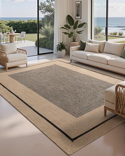 Image of Handmade Rectangular Jute Carpet Black Beige - Natural Fiber Rug for Living Room & Bedroom | Eco-Friendly & Durable | Size 6x9 Feet, Color- Black Beige