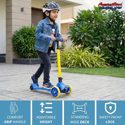 Image of STREETJAM Komiks Kids Kick Scooter for 3-12 Years, Tilt & Turn Safety Lock (1st Time in India), BIS Approved, Lean-to-Steer, Wide Deck, Adjustable Height, Up to 35 kg Load (Blue with Golden Yellow)