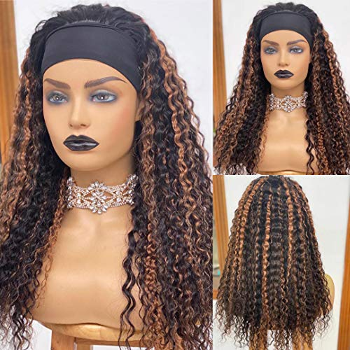 Headband Wig Highlight Ombre Curly Human Hair Wig None Lace Front Wigs For Women Machine Made Wigs Density 150% (20inch)
