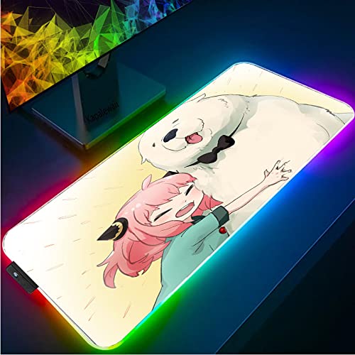 ゲーミングマウスパッドスパイ×ファミリーアニメ かわいい女の子 RGB ゲーミングマウスマット 素敵な白いクマ 14の照明モード付き 大型LEDマウスパッド USBポート付き 滑り止めラバーベース PC ノートパソコン デスク用 300X600MM