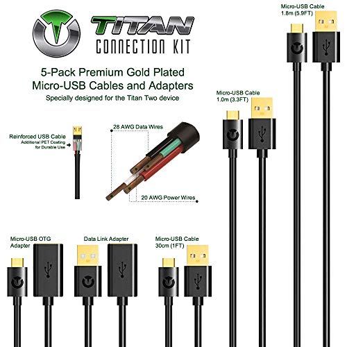 Titan Connection Kit [5-Pack] Premium Gold Plated Micro-USB Cables and Adapters for the Titan Two device: 3x Perfect Length Cables (30cm, 1.0m, 1.8m) + 1x OTG Adapter + 1x Data Link Adapter