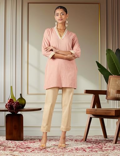 Image of BIBA Women Cotton Slim Solid Pants