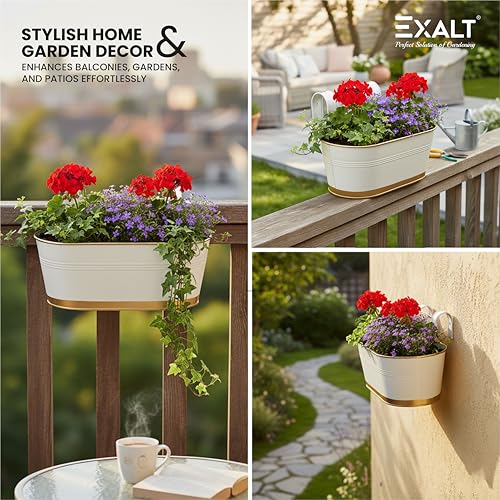 Image of EXALT 12 inch Oval Metal Railing Planter Set Premium Anti-Rust Balcony Hanging Flower Pot Outdoor Indoor Decorative (White Gold Pack of 5)