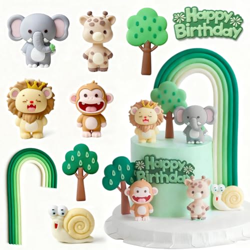 Decoración de Tarta de Animales de la Selva,Completo de Cake Topper Safari para Cumpleaños con León,Elefante,Jirafa,Mono y Caracol, Decoración para Fiesta Infantil de Cumpleaños Tema Jungla (A)
