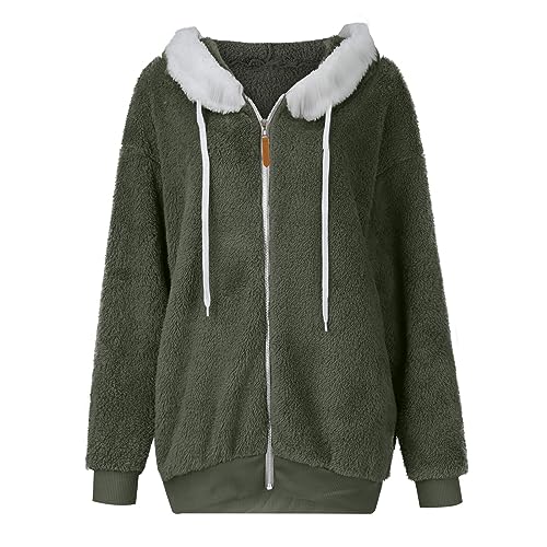 Fuzzy Fleece Jackets for Women Plus Size Hoodies Fall Winter Coats Color Block Patchwork Cardigan Coat with Pockets
