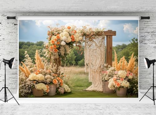 Kate Boho Fondo para fotografía de Boda al Aire Libre 2,2x1,5 m/7x5ft Pampas Grass Flor Bohemia Puerta de Madera Telón de Fondo Arte Flores Bosque Decoración de Fiesta de cumpleaños Foto Fondo