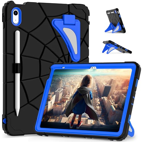 FONREST Funda resistente para niños para iPad (A16)/10th Generarion A3354 A3355 A2696 A2757 doble soporte para bolígrafo, resistente a los golpes, armadura híbrida resistente para niños (negro/azul)