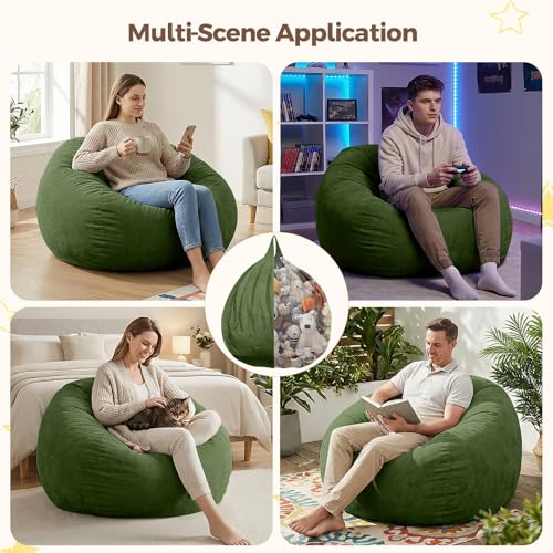 Image of Stuffed Animal Storage Bean Bag Chair Cover for Adults (No Filler), Soft Comfy Velvet Beanbag Chair Cover Machine Washable, Adults Bean Bag Chair with Handle for Living Room Bedroom,Dark Green