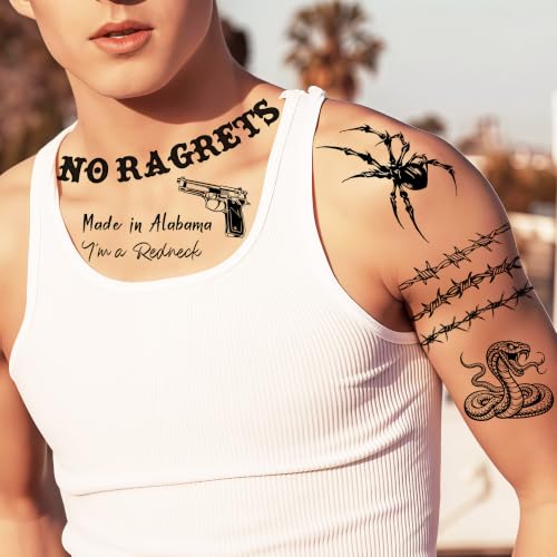 Image of 5 Sheets NO RAGRETS Tattoos Halloween Temporary Tattoos For Men Women Adults White Trash Bash Party Accessories, Redneck Tramp Stamp Fake Barbed Wire Tattoos Spider Skull Sticker Halloween Costume