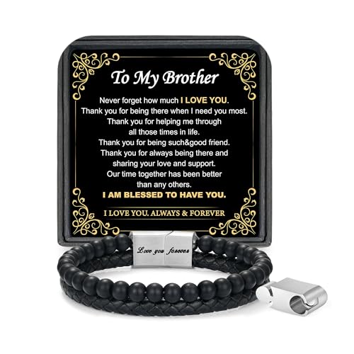 LUXEJEW Birthday Gifts for Brother Adult - Mens Bracelet Big Brother Gifts from Sister To My Brothers Bracelet Black Leather Beaded Bracelets for Men Fathers Day Christmas Gift Ideas Birthday Present