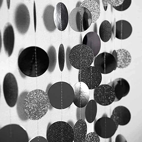 Glitter Charcoal Grey Black Circle Garland Kit Halloween Party Decoration Hanging Polka Dots Streamer Backdrop Banner for Birthday Decor Wedding Retirement Bachelorette Bridal Shower Decor