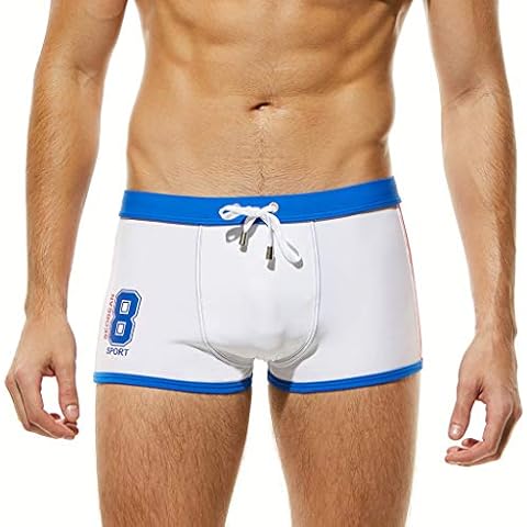 NQyIOS Swim Trunks for Men 5 Inch Breathable Briefs Brand Trunks Stripe Cotton Bulge Swimming Sexy Men's Men's Swimwear 38 Board Shorts Men (White, L) Cover