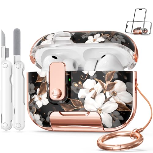 Image of for Apple AirPod Pro 3 Case 2025 with Lock,Clear TPU Floral AirPod Pro 3 Generation Case Cover for Women Girly, iPod Pro 3 Cases with Keychain & Cleaner Kit- Black Gold Flower