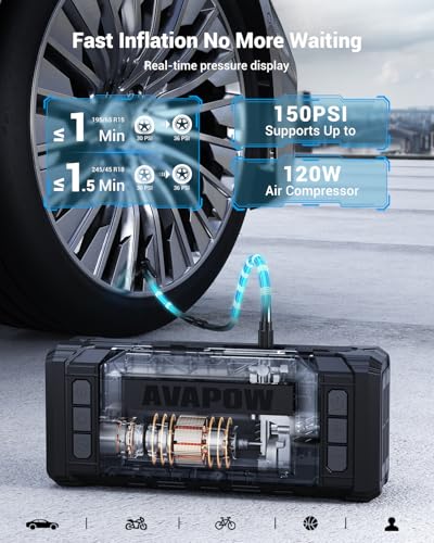 Image of AVAPOW 10000A Jump Starter with Air Compressor, 12V Portable Jump Box | Starts All Gas & All Diesel, Built-in 150PSI Air Compressor, 30W PD Fast Charging, 4 inch HD Display, EVA Case