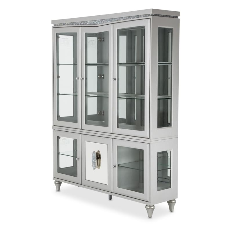 Michael Amini Melrose Plaza Contemporary Wood & Glass China Cabinet in Dove Gray (powers on works see additional photos)(Top portion only incomplete has scrapes and scuffs)