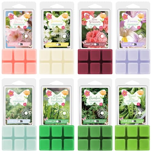 SNOWSEN Spring Scented Wax Melts, Soy Wax Cubes Gift Set, Strong Fragrance Wax Tarts for Wax Warmer, Cherry Blossom, Jasmine, Freesia, Sweet Pea, Spring Rain, Fresh Cut Grass, Bamboo, Rose Geranium