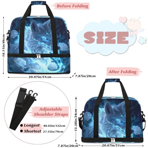 Travel Duffel Bags Wolf Foldable Weekender Bags for Women with Shoes Compartment Waterproof & Tear Resistant Carry on Overnight Luggage Duffel Bag Shoulder Sports Tote Bag2
