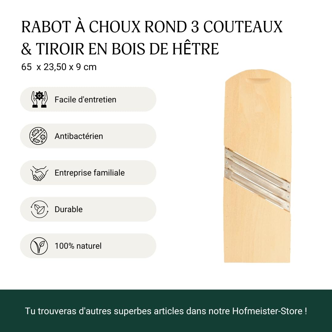 HOFMEISTER® Coupe-chou 65 cm en bois - Coupe sécurisé des têtes de chou & des légumes grâce au chariot mobile, Râpe à légumes pour la choucroute, le chou rouge & la salade de chou, Fabriqué en UE