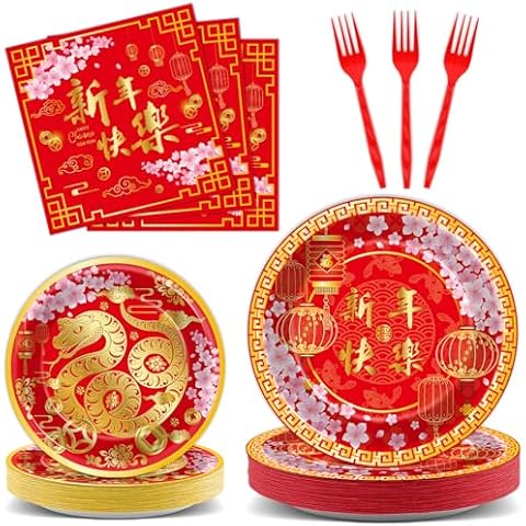 gisgfim 96 Pcs Chinese New Year Party Plates and Napkins Party Supplies Happy 2025 Snake Year Tableware Set Spring Festival Decorations Favors for Chinese New Year Eve Serves 24 Guests Cover