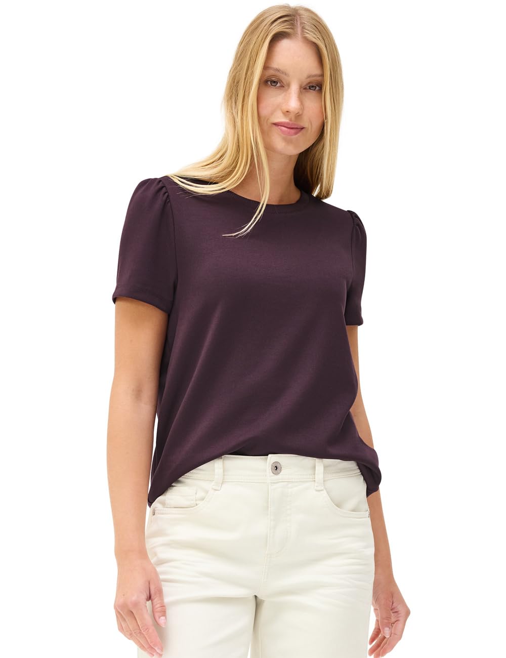 Street One Studio Damen T-Shirt in Unifarbe mit Raffung