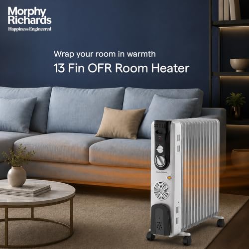 Image of Morphy Richards OFR 13F 13-Fin Oil Filled Radiator Room Heater | 2900W (2500W + 400W PTC Fan) | Adjustable Thermostat, Safety Shut-Off, Castor Wheels | White