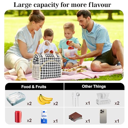 LOKASS Insulated Lunch Bag Women- Reusable 10 L Lunch Box for Women - Leakproof Tote Cooler Bag for Adults Work, Beach, Travel, Picnic （Black&White Diamond Grid）