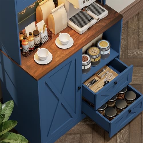 Image of 71''Kitchen Pantry Storage Cabinet with LED Lights and Power Outlet, Tall Farmhouse Kitchen Hutch with Microwave Stand,Globet Hooks and Adjustable Shelf for Dining Living Room,Blue