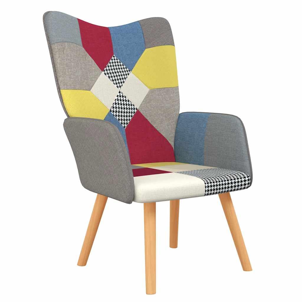 Poltrona relax con tessuto patchwork colorato, 61,5 x 69 x 95,5 cm, in legno massello e acciaio, design confortevole, per camera da letto e sala da pranzo