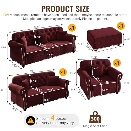 Image of KEIKI 3-Piece Chesterfield Sofa Set with 1 Velvet 3-Seater Sofa & 1 Loveseat & 1 Single Sofa, 6-Seater Couch Set with Nailhead Trim & Rolled Arms & 1 Ottoman & 6 Pillow, for Living Room, Burgundy