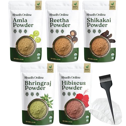 Shudh Online Herbal Hair Mask Powder Combo, Indian Ayurvedic Herbal Powder for Hair Growth (8.8oz, 250g), Bhringraj, Hibiscus, Shikakai, Reetha, Amla Shampoo (1.76oz each)