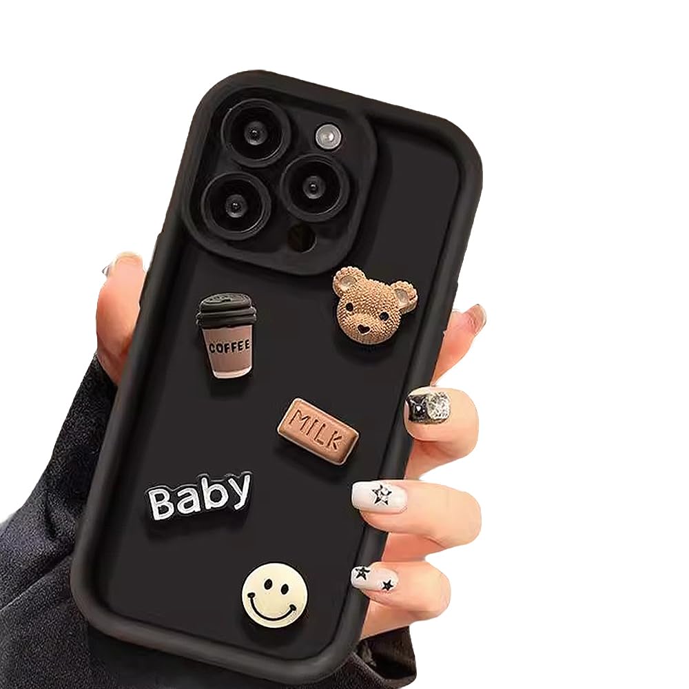 Zkacase Designed for iPhone Case,3D Cute Coffee Bear Camera Lens Protection Shockproof Protective Cover Phone Case (iPhone 12 Pro Max,Black)