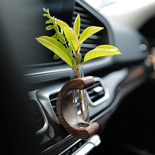 INEBIZ Tiny Plant Propagation Station for Car Vent, Test Tube Flower Vase with Retro Wood Stand, Girly Car Decor Accessories for Women