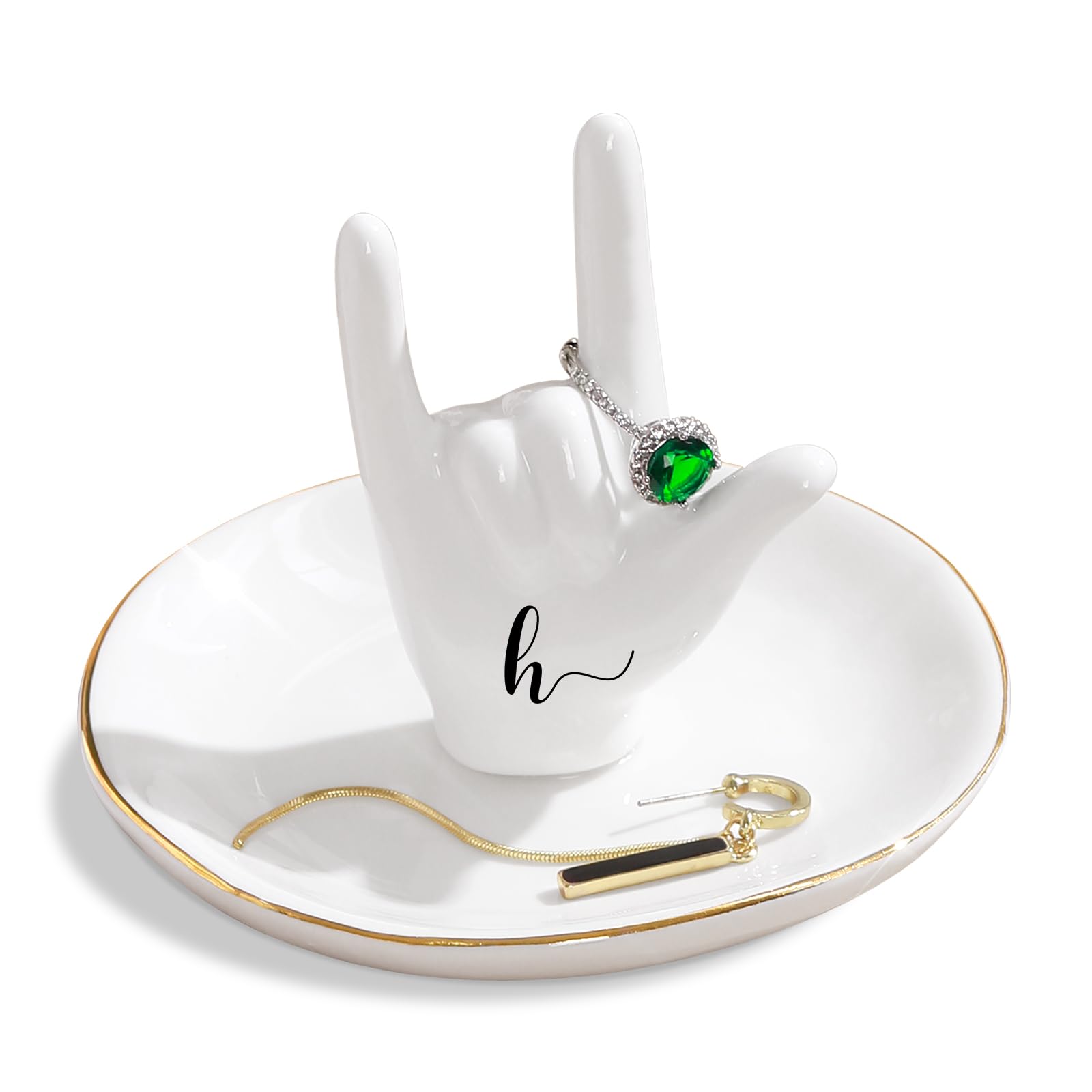 PUDDING CABIN Initial Ring Holder Hand Ring Dish Ring Tray for Jewelry Rings Earrings Bracelet Organizer, Monogrammed Gifts for Women Valentine's Day, Birthday, Wedding, Mothers Day, Bride Gifts