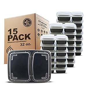 Freshware Meal Prep Containers [15 Pack] 2 Compartment with Lids, Food Storage Containers, Bento Box, BPA Free, Stackable, Microwave/Dishwasher/Freezer Safe (28 oz), Black