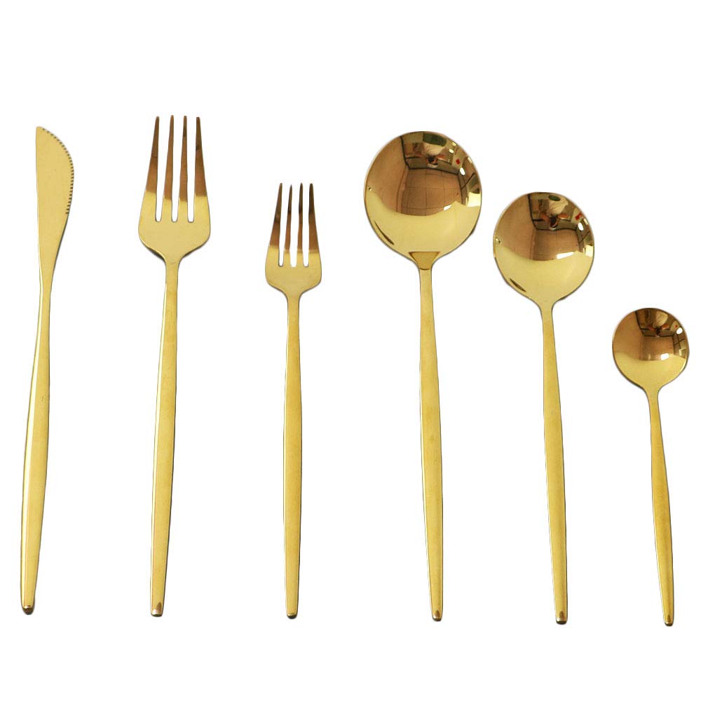 Puzhler 6-Piece Gold Mirror Finish Stainless Steel Flatware Set, Cutlery Set for Home and Party, Includes Dinner Knife, Spoon, Fork, Teaspoon