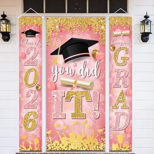 Image of 2026 Graduation Banner Pink Class of Congrats Grad Porch Sign and You Did It Graduation Door Cover for High School College Party Supplies Indoor Outdoor(Pink)