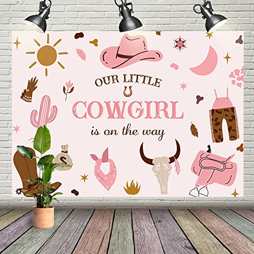 7x5ft Cowgirl Baby Shower Backdrop Our Little Cowgirl is on The Way Pink Background for Sweet Girl West Cowgirl Theme