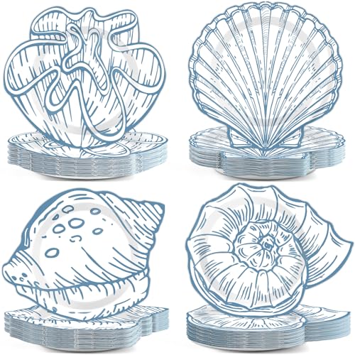 60 PCS Coastal Party Paper Plates Blue Seashell Shaped Mermaid Birthday Party Decorations 7 Inch Ocean Theme Under The Sea Dessert Disposable Dinnerware for Bachelorette Wedding Bridal Shower Supplies