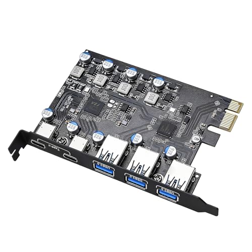 Behogan Tarjeta PCIe USB de 5 puertos Power Delivery, 2 x USB tipo C, 3 x USB tipo A, USB 3.0 5 Gbps, tarjeta de expansión PCI Express PCI Express tarjeta de expansión USB para PC de escritorio