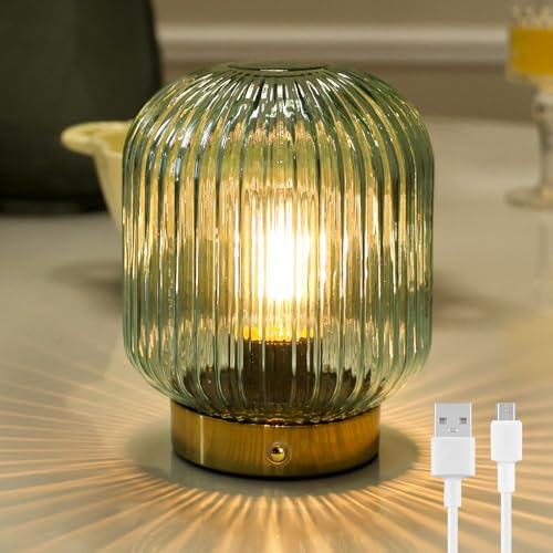 MJ PREMIER Kabellose Tischleuchte Grün Wiederaufladbar LED Lampe Touch Dimmbar Glas Tischlampe mit Helligkeitsspeicher Notleuchte für Schlafzimmer Wohnzimmer Muttertagsgeschenk