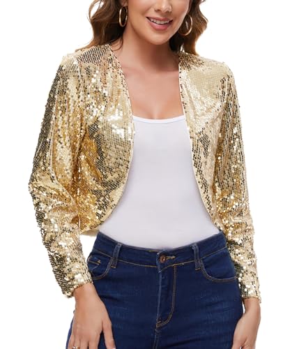 Women's Sequin Shrug Bolero Long Sleeve Collarless Glitter Jackets Sparkly Crop Cardigan3