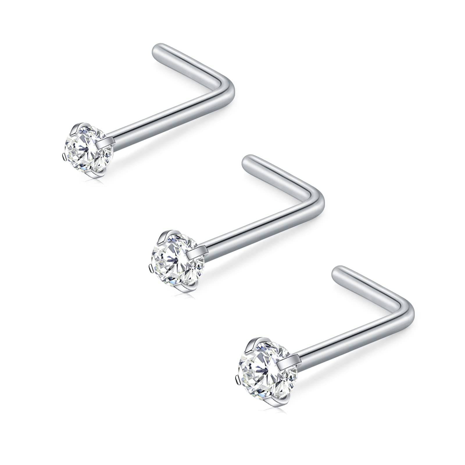FECTAS Nose Stud L Shape Nose Ring Stud Nose Bar 18G 20G 1.5mm 2mm 2.5mm 3mm L Shaped Nose Piercing Jewellery Stainless Steel Clear Pink Blue Round Star Heart Diamond Silver Gold Black — view 12