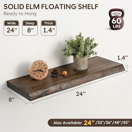 Image of 24 inch Live Edge Floating Shelves, Solid Elm Wood Shelf, Set of 2