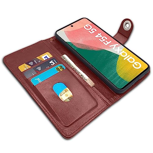 Image of Pikkme Samsung Galaxy F54 / M54 5G Flip Cover Leather Finish | Inside TPU with Card Pockets | Wallet Stand and Shock Proof | Complete Protection Button Flip Case (Brown)