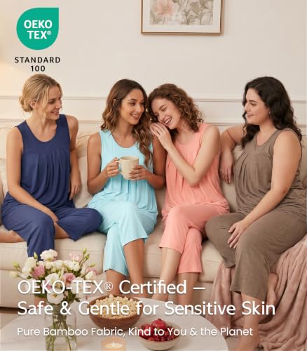 Image of NACHILA Pajamas for Women-Viscose Made from Bamboo, Sleeveless Pjs Tank Top Capri Pants Pajama Sets Cooling Sleepwear