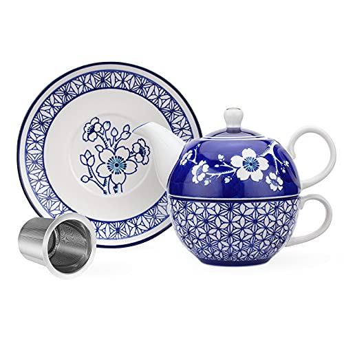 Taimei Teatime Blue Ceramic Tea Set for One with Cup and Saucer for Women, 19.6 oz Japanese Style Tea for One Set with Hand Painted Cherry Blossom Pattern, Teapot Set Gift for or Adults
