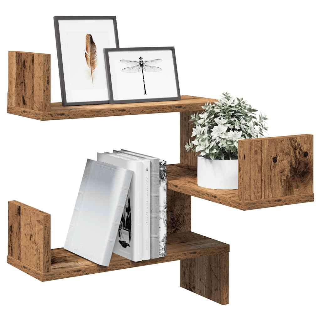 Półki narożne ścienne, 2 szt. o wyglądzie starego drewna, 40 x 40 x 49,5 cm, materiał drewnopochodny, półka, mały regał ścienny, regał kuchenny, regał na ściany do łazienki, salonu, sypialni