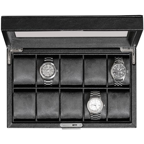 ROTHWELL 10 Slot Leather Watch Box - Luxury Case Display Jewelry Organizer - Locking Watch Display Case Holder with Large Glass Top - Box Organizer for Men and Women (Black/Grey)