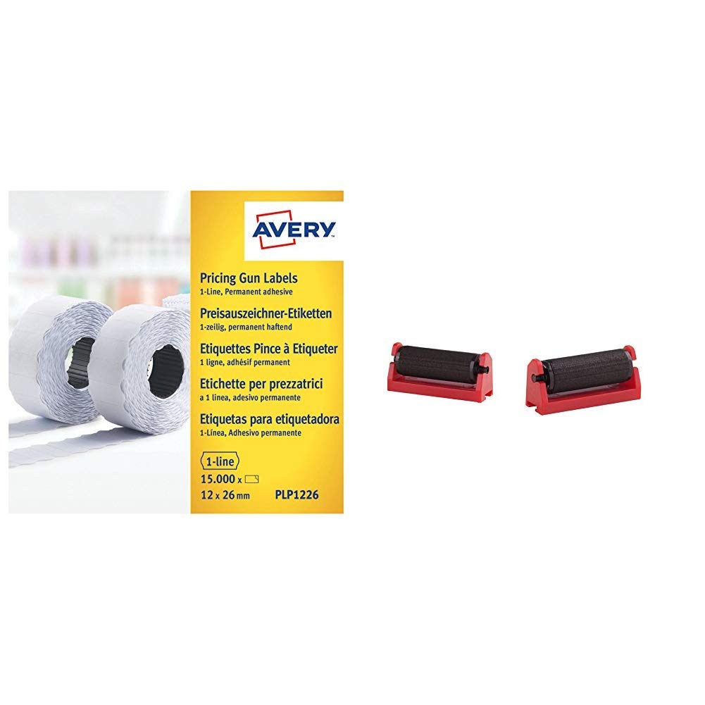 Avery PLP1226 Rollo de etiquetas (1 línea de adhesivo permanente, 12 x 26 mm, 10 rollos/15000 unidades), color blanco + España IRAV5 Pack de 5 rodillos de tinta para etiquetadoras HL 1/8
